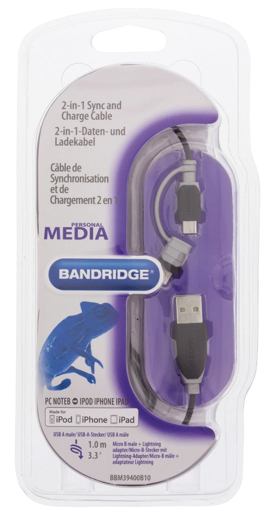 Bandridge BBM39400B10 2-in-1 Data a nabíjecí kabel USB Micro-B Male + Lightningadapter-muž 1,00 m černé