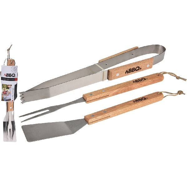 BBQ Tool rustfrit stål træ 36 cm 3-delt