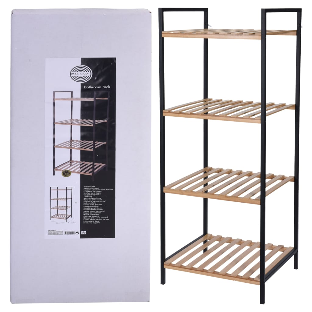 Bathroom Solutions storage rack with 4 shelves of bamboo and steel