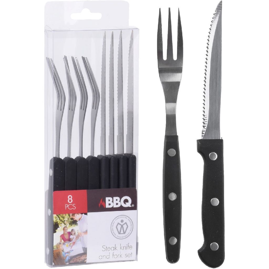 BBQ bøfknive og gafler 8 rustfrit stål sort