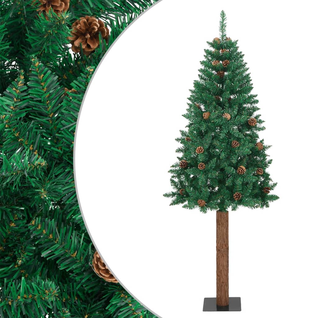 Vidaxl Christmas tree with real wood and pine cones narrow 150 cm PVC green
