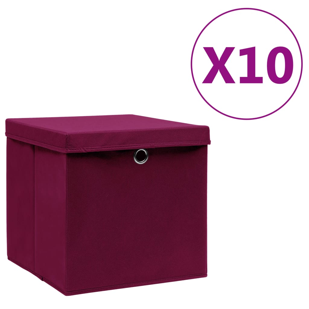 Vidaxl oppbevaringsbokser med lokk 10 St 28x28x28 cm mørkerød