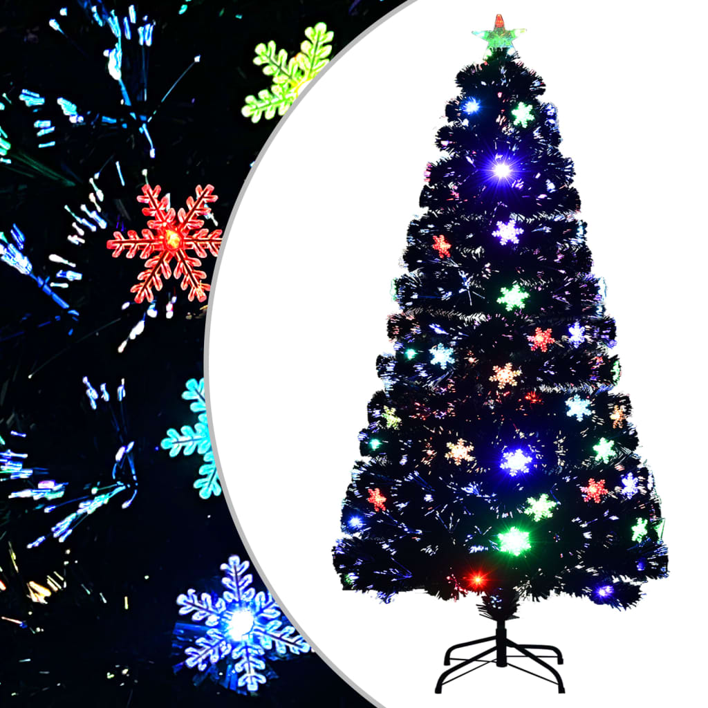 Vidaxl božično drevo z LED snežnimi kosmiči 120 cm optična črna vlakna