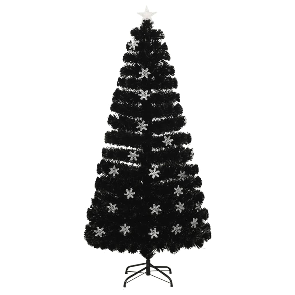Vidaxl božično drevo z LED snežnimi kosmiči 150 cm optična črna vlakna