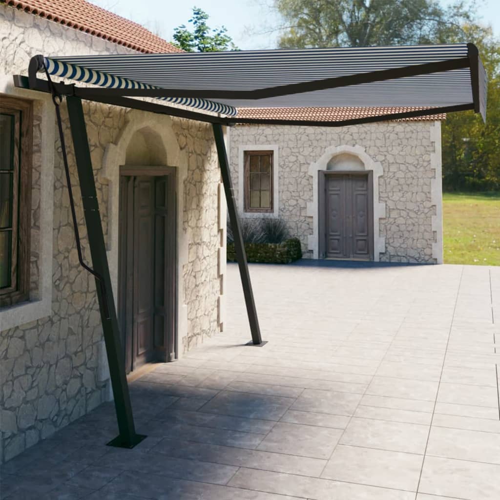 VidaXL Luifel handmatig uittrekbaar met palen 4x3 m blauw en wit
