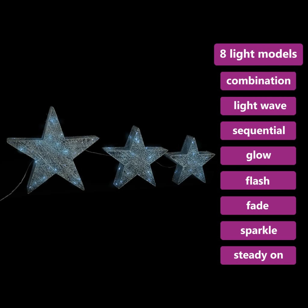Vidaxl Decoration Christmas Stars 3 St Led Outside Inside Mesh Silver Coloded