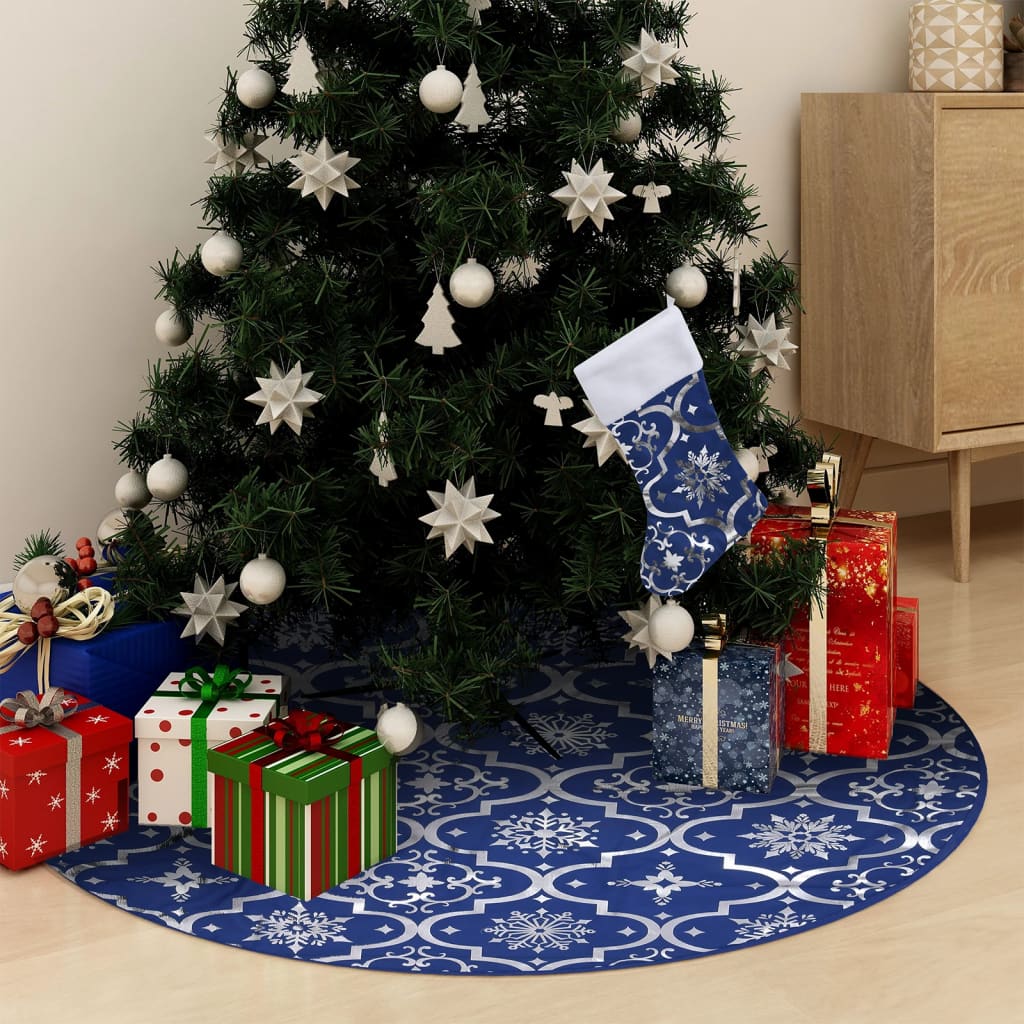 Vidaxl Jupe d'arbre de Noël luxe avec chaussette 90 cm tissu bleu