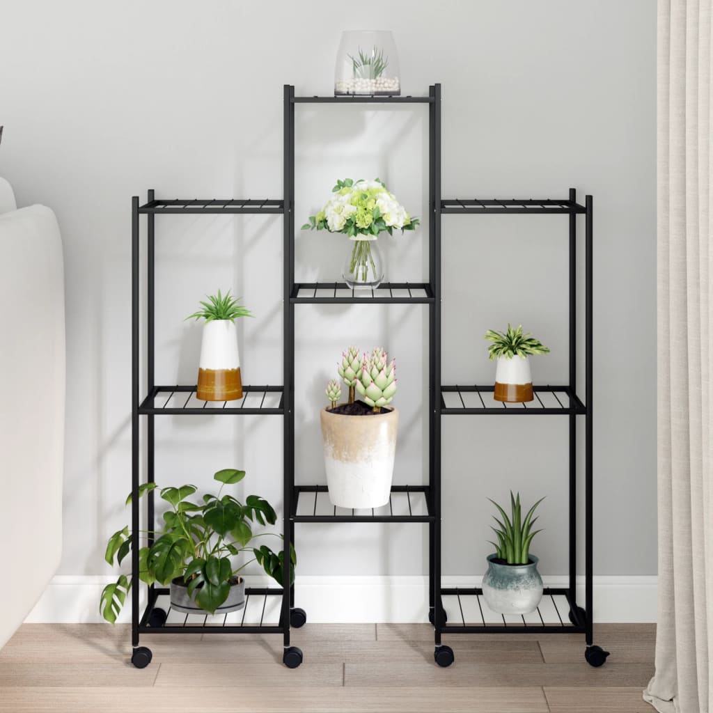 Vidaxl cvetni standard s kolesi 83x25x103,5 cm železno črno