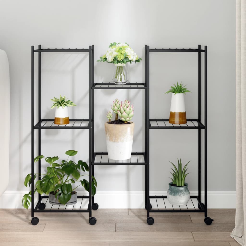 Vidaxl cvetni standard s kolesi 83x25x83,5 cm železno črno