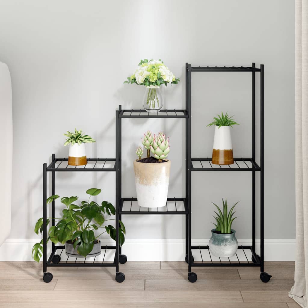 Vidaxl cvetni standard s kolesi 83x25x83,5 cm železno črno