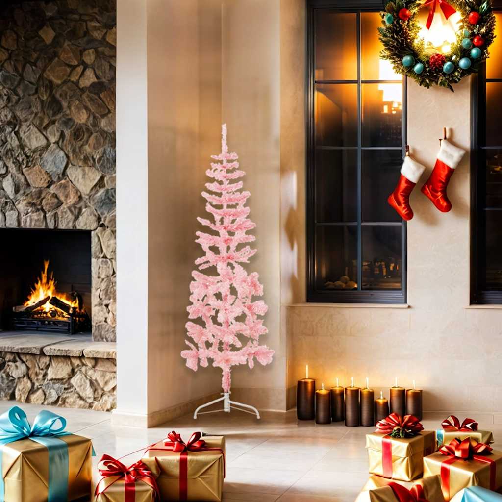 Vidaxl Kunstkerstboom Połowa z standardowym wąskim różowym 150 cm
