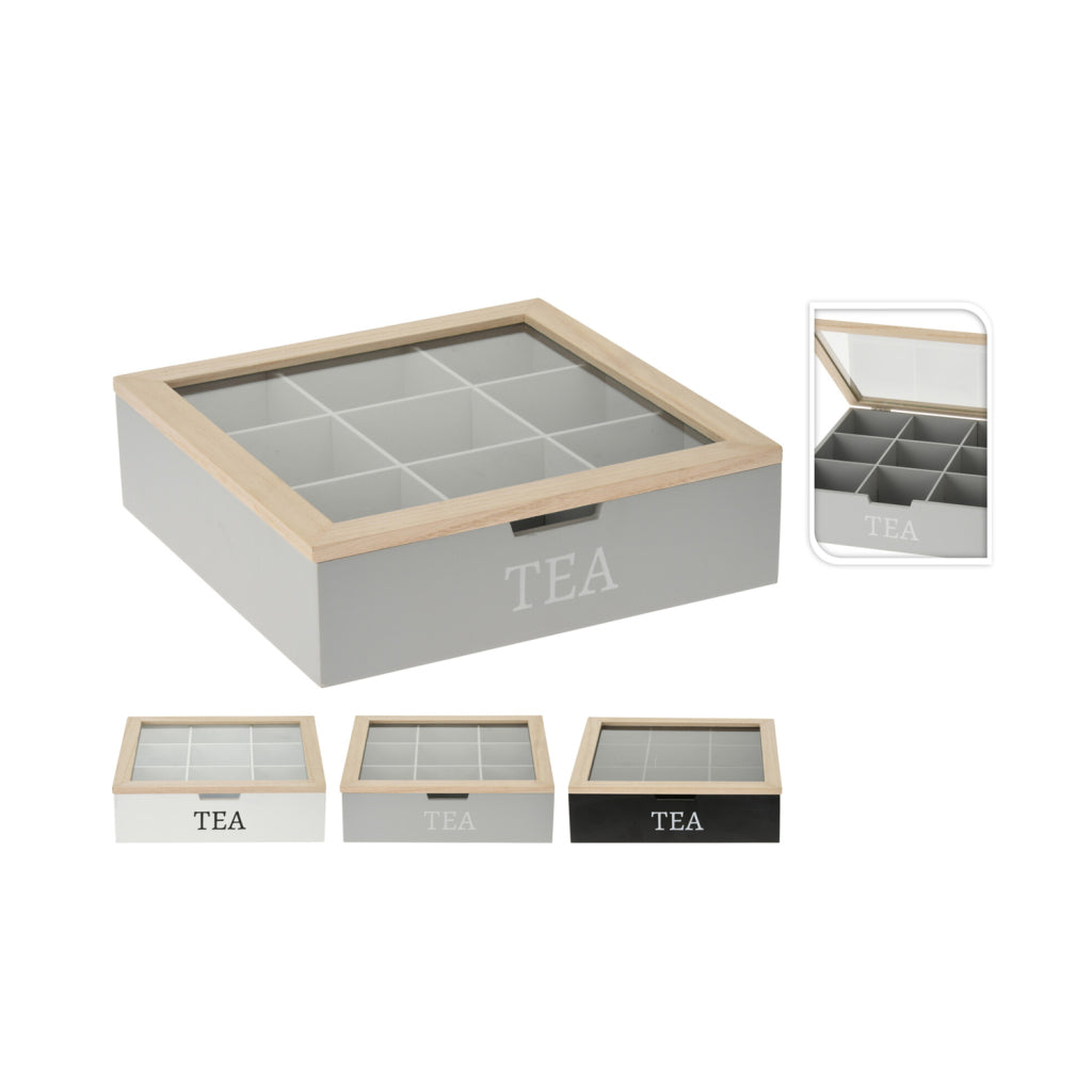 Basic wooden tea box 9 compartments 24x24 cm assorted