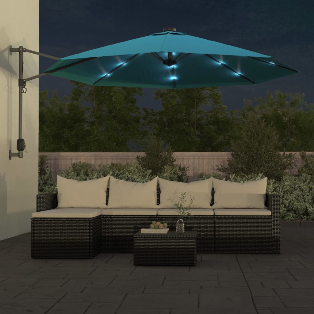 Vidaxl stenski parazol z LED 290 cm morsko modro