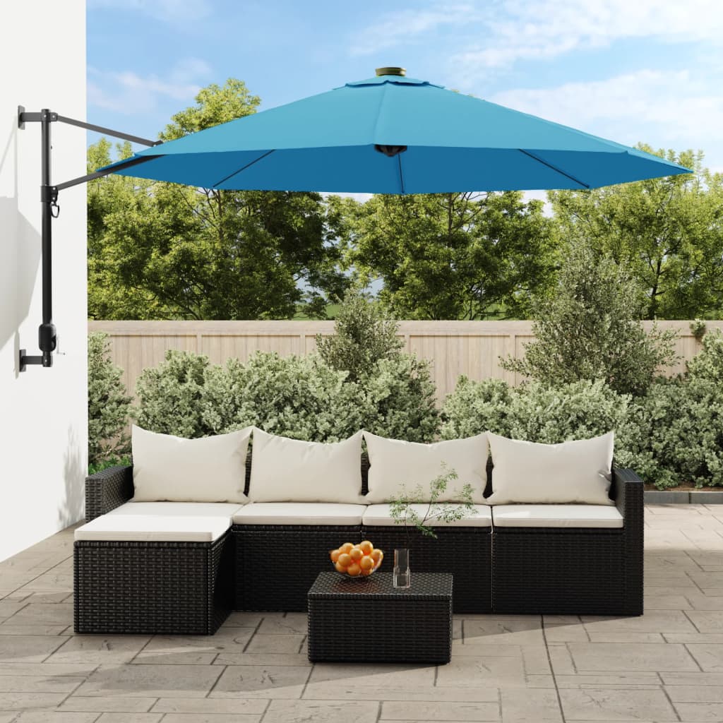 Vidaxl stenski parazol z LED 290 cm morsko modro