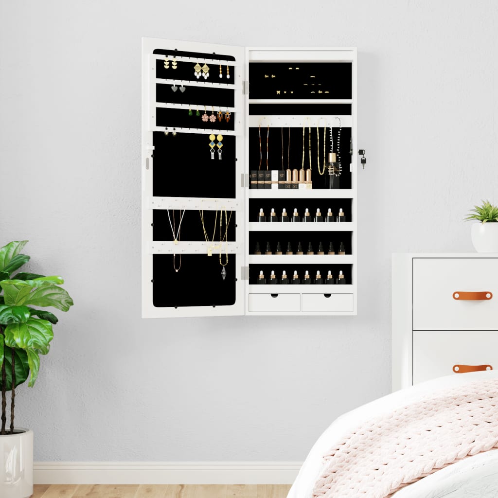 Vidaxl Schmuckschrank mit Spiegel und mit LED -Wand montiertem Weiß