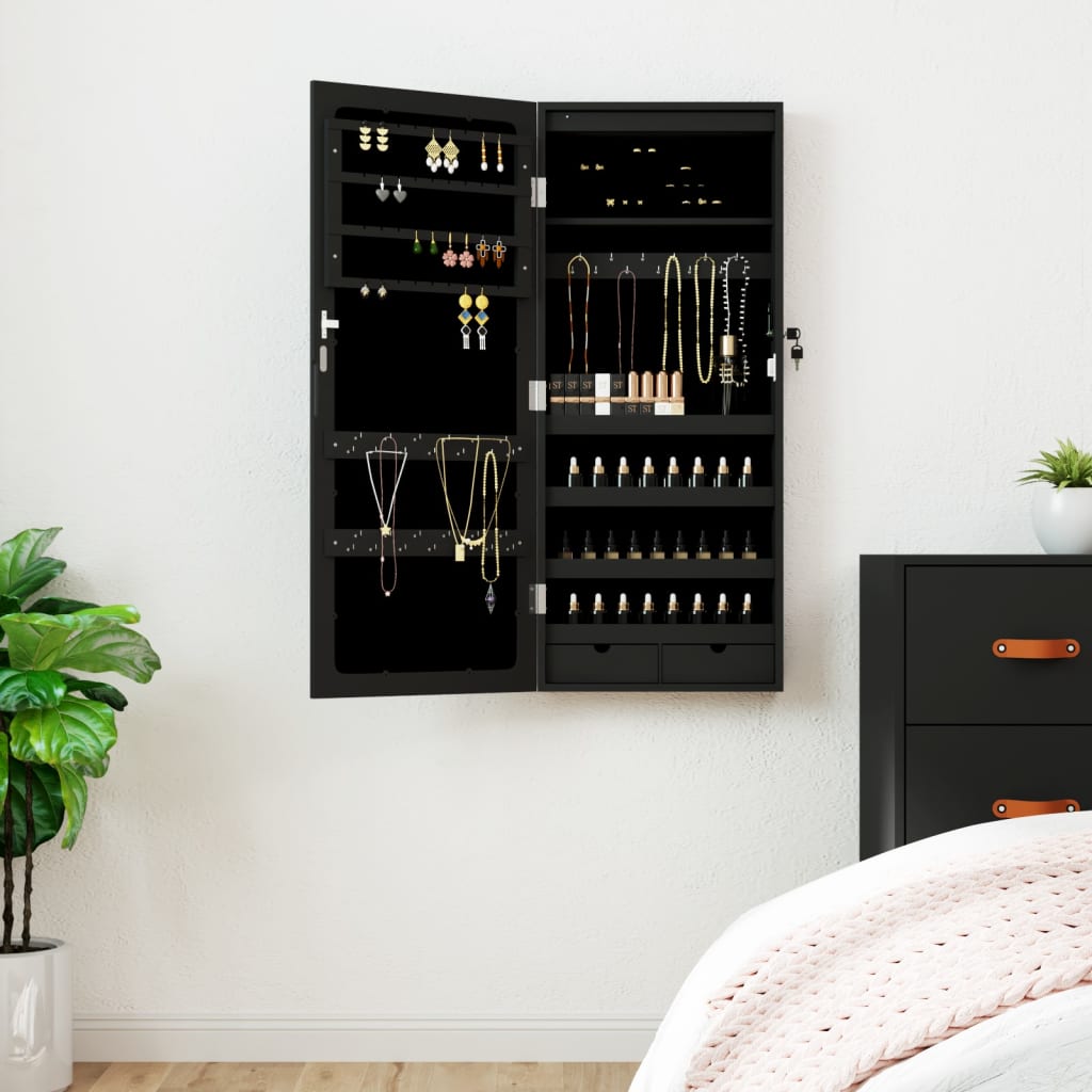 Vidaxl Schmuckschrank mit Spiegel und mit LED -Wand montiertem Schwarz