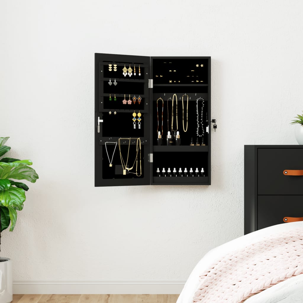 Vidaxl Schmuckschrank mit Spiegel und mit LED -Wand montiertem Schwarz
