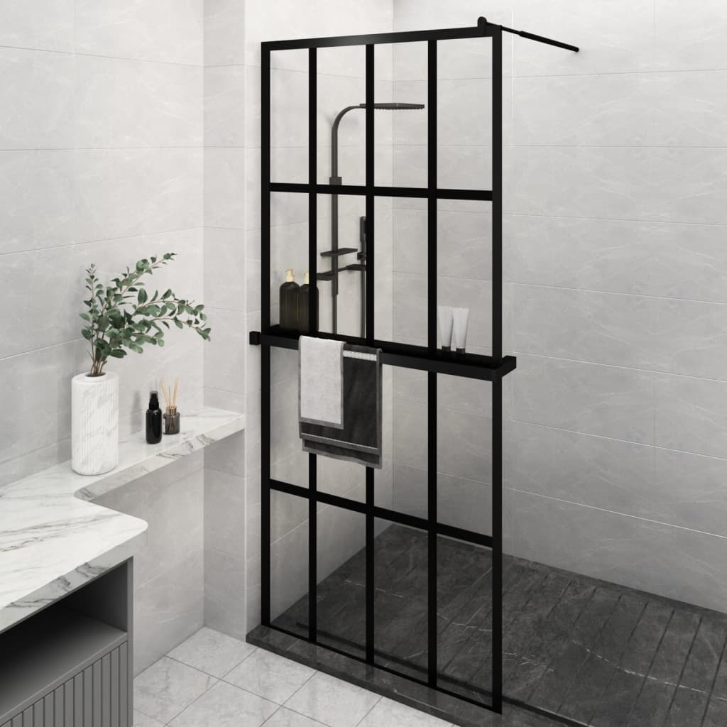 Vidaxl Walk-in-in tuš stena s polico 90x195 cm esg-Glas aluminijast črna