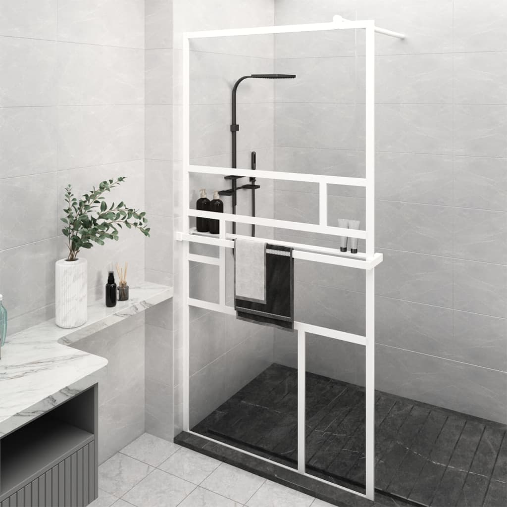 Vidaxl Walk-in-in tuš stena s polico 115x195 cm esg-Glas aluminijast bela