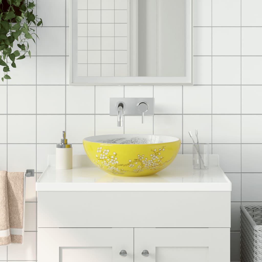 VidaXL STRACTION WASKER Round φ41X14 CM Ceramic White and Yellow