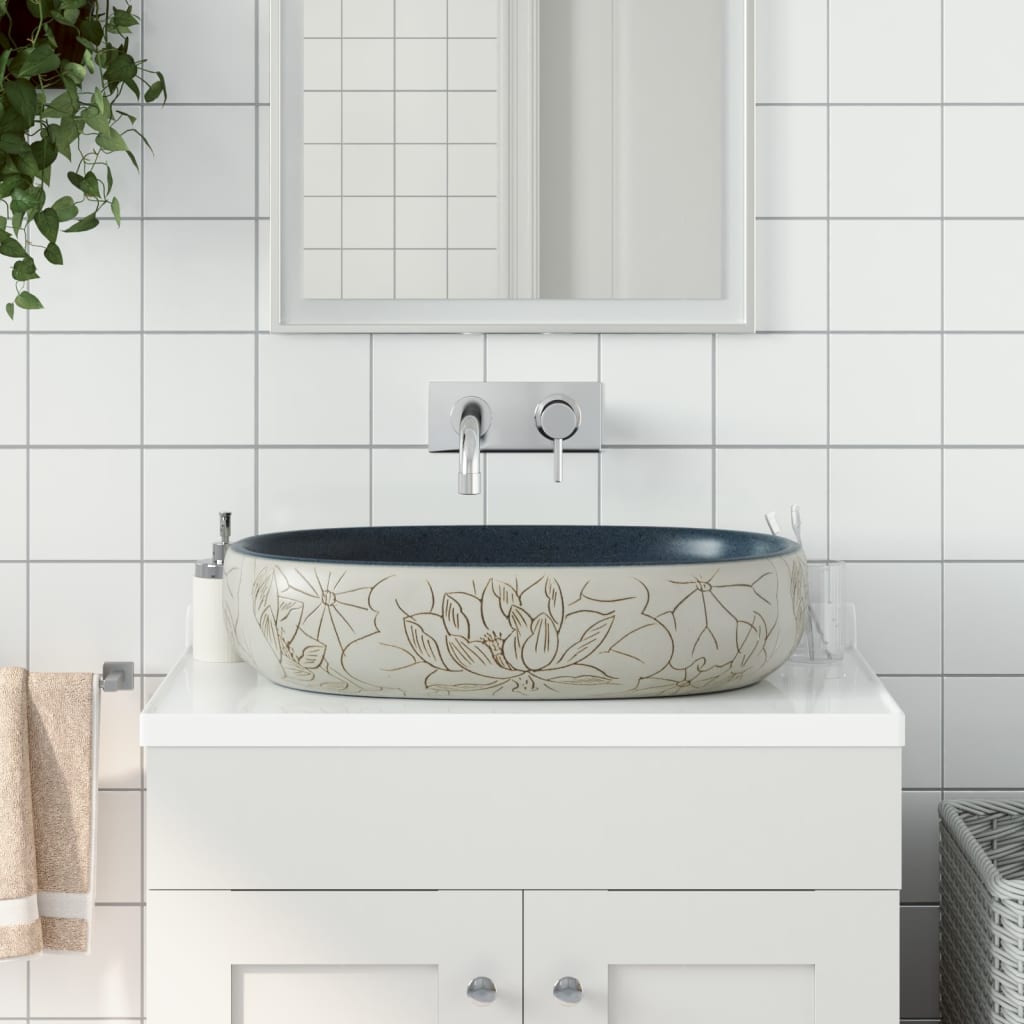 BIDAXL STRACTION Tvätt Ban Ovaal 59x40x14 cm keramisk sandfärgad och blå