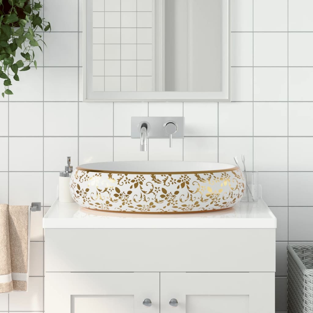 VidaXL STRACTION WASKER OVAAL 59X40X15 CM Ceramic White and Gold