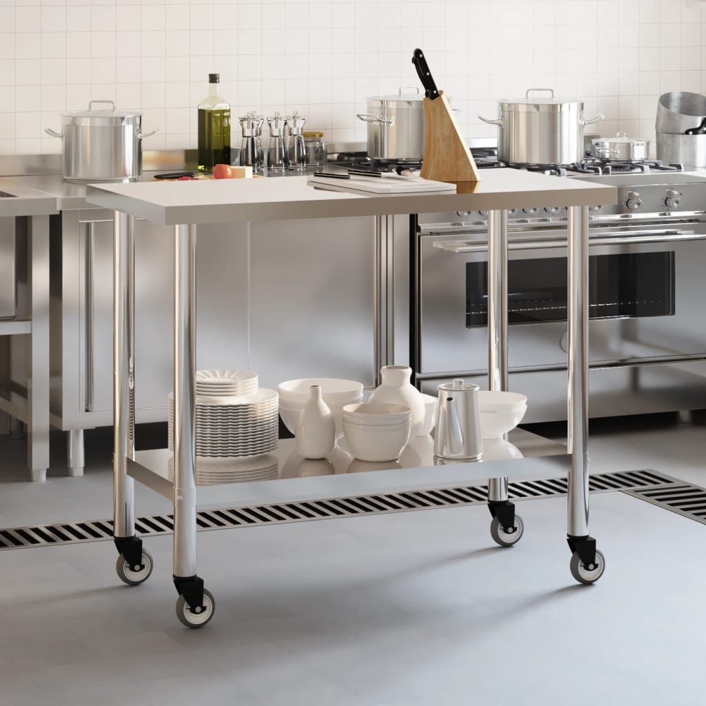 Vidaxl Kitchenwork table with wheels 110x55x85 cm Stainless steel