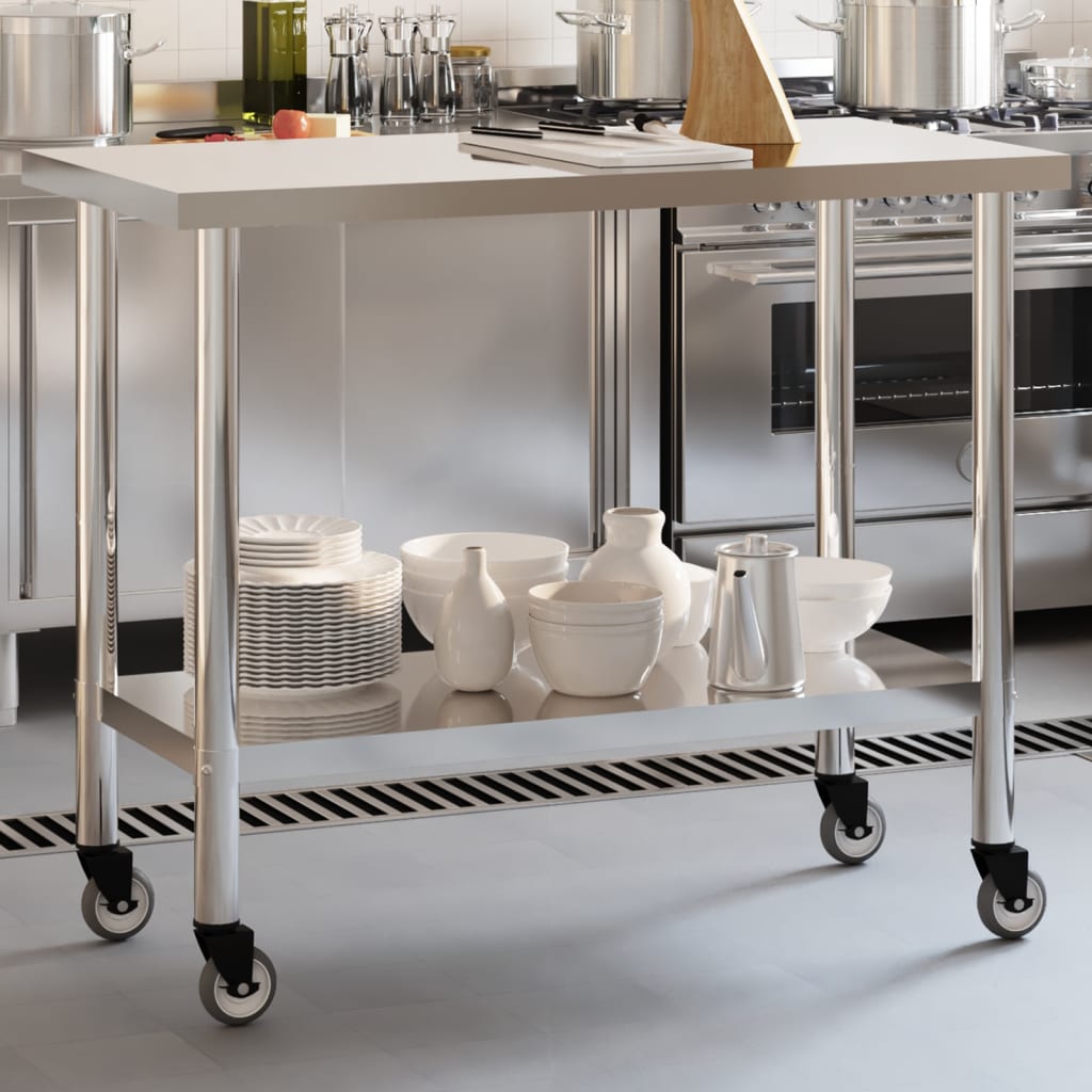 Vidaxl Kitchenwork table with wheels 110x55x85 cm Stainless steel