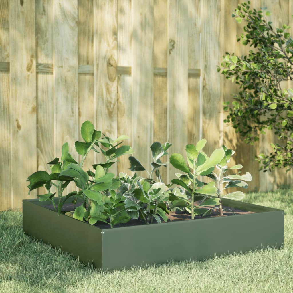 Vidaxl Planter zvedl 100x100x33,5 cm ocelovou olivovou zelenou