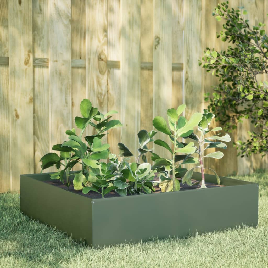Vidaxl Planter zvedl 100x100x25 cm ocelovou olivovou zelenou