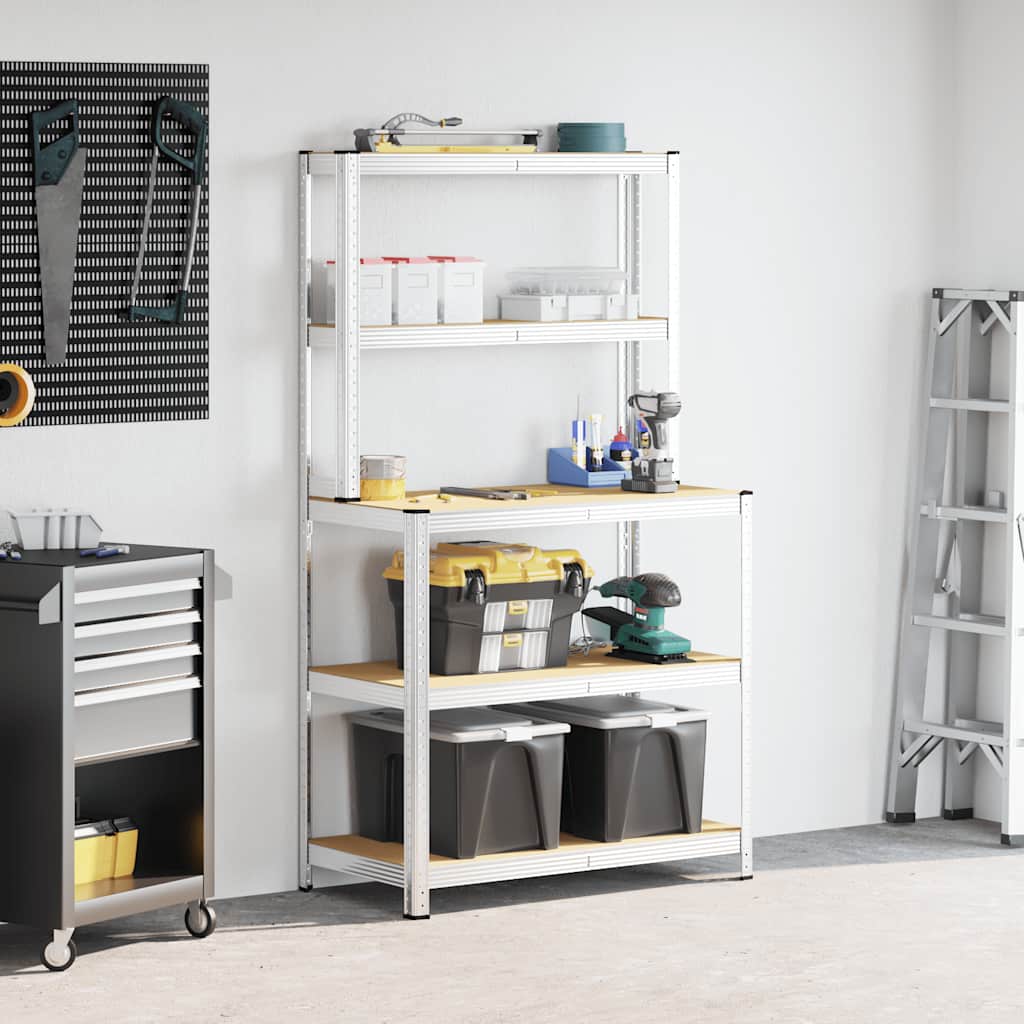 Vidaxl Working Table 5-lag med hyller stål bearbeidet tre sølvfarge