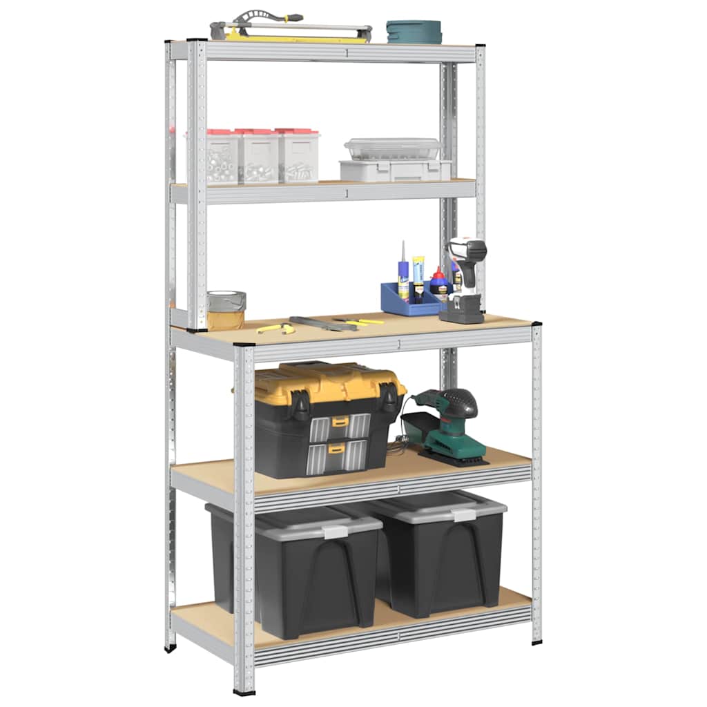 Vidaxl Working Table 5-lag med hyller stål bearbeidet tre sølvfarge