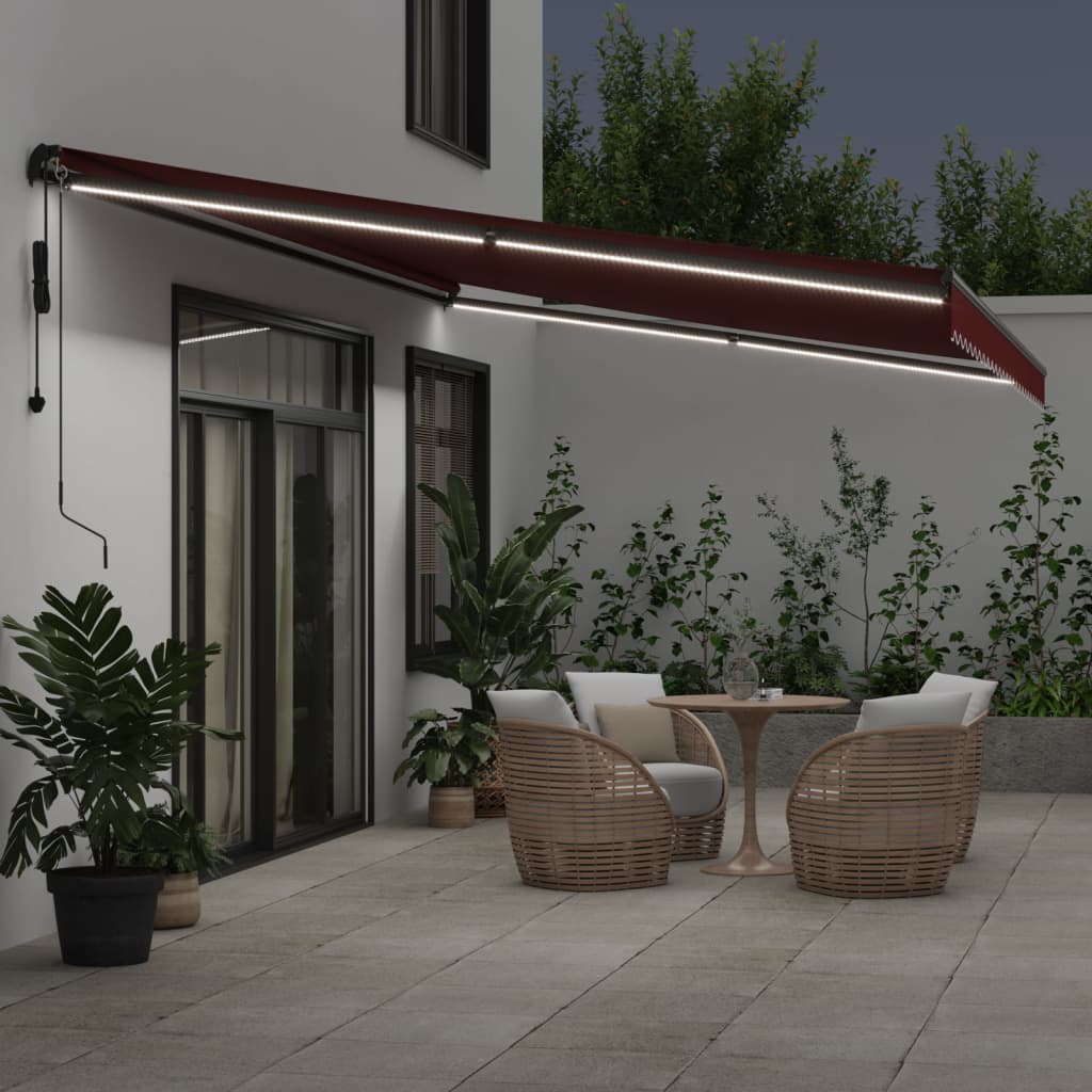 Bidaxl Luifel utdragbar automatiskt med lysdioder 500x300 cm Bordeaux
