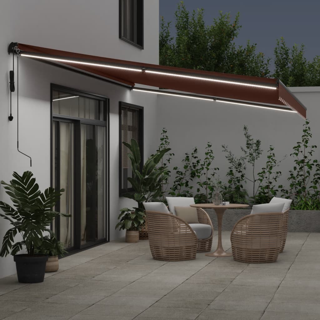 Bidaxl Luifel utdragbar automatiskt med lysdioder 600x300 cm brunt