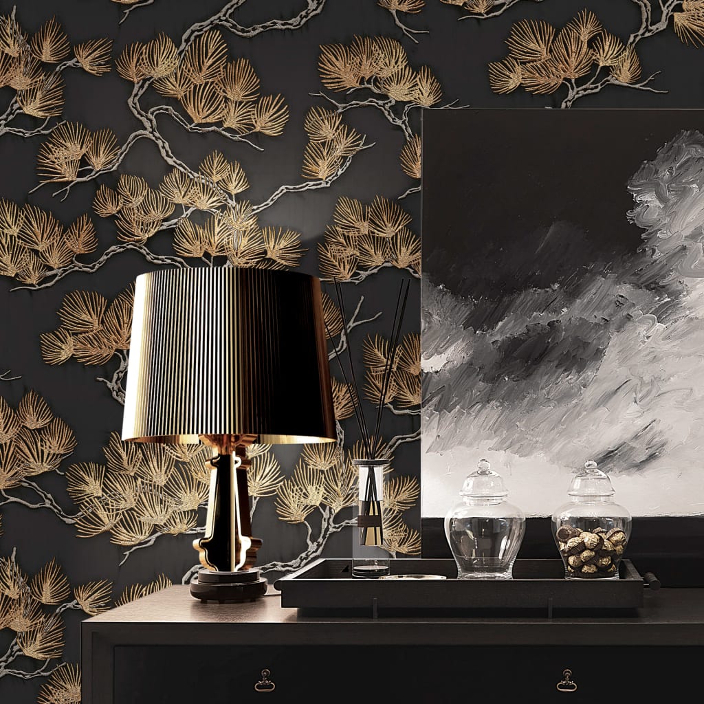 Dutch Wallcoverings Wallpaper Pine Tree Black and Gold Coloded