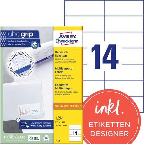 Avery etiketten zweckform 3653 universeel 105x42,3mm