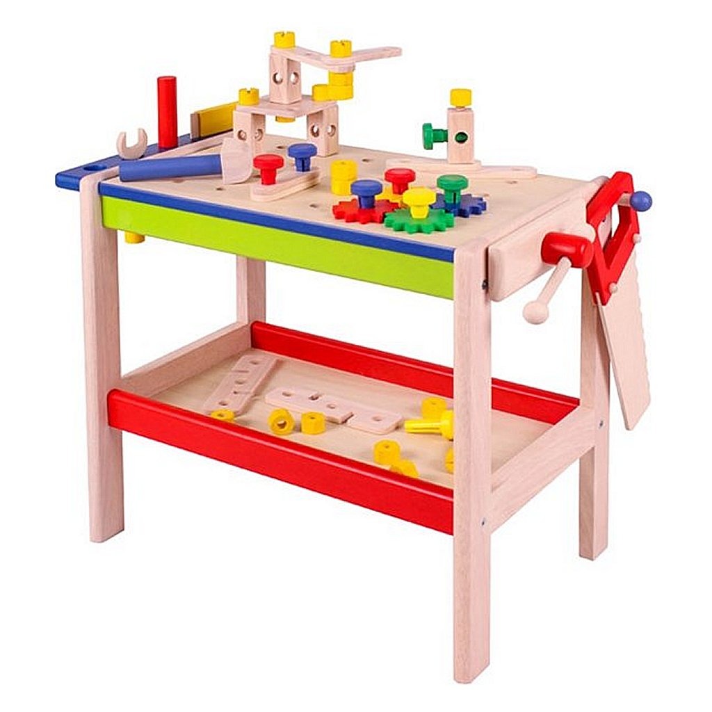 Basic Njoy Kids Wooden Workbench mit Werkzeugen und Accessoires 52-Stück
