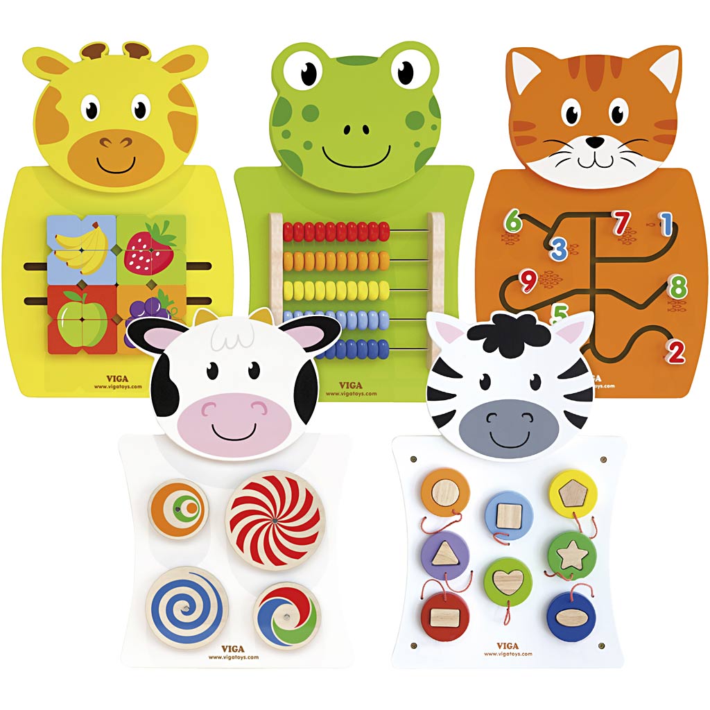 Viga activiteitenboard, koe, katten, kikker, zebra en giraf, afm 36x55x3,5 cm, 5 onderdelen 1 doos