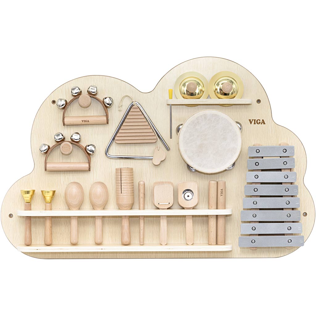 Viga activiteitenbord met percussie-instrumenten , h: 48 cm, l: 75, b: 6,6, 12 onderdelen 1 doos