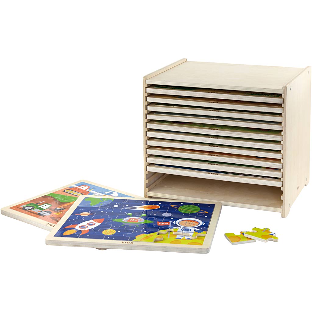 Viga puzzelrek met 12 puzzels, h: 275, l: 315 mm, b: 235 mm, afm 31x27x23 cm, 12x24 delen, 12 onderdelen 1 set