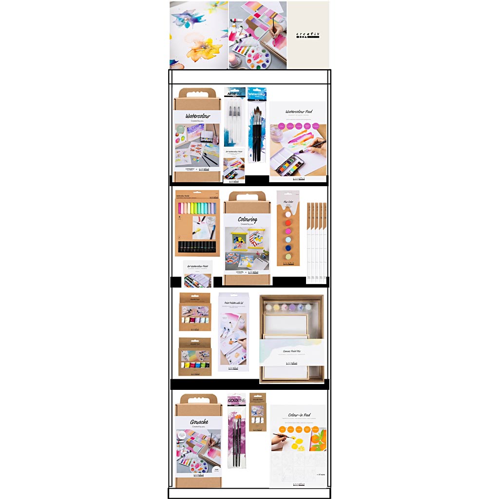 Creativ company vloerdisplay, ongemonteerd, category, acrylverf aquarel, volwassene, h: 1580 mm, l: 600 mm, b: 400 mm, 127 eenh. 1 stuk