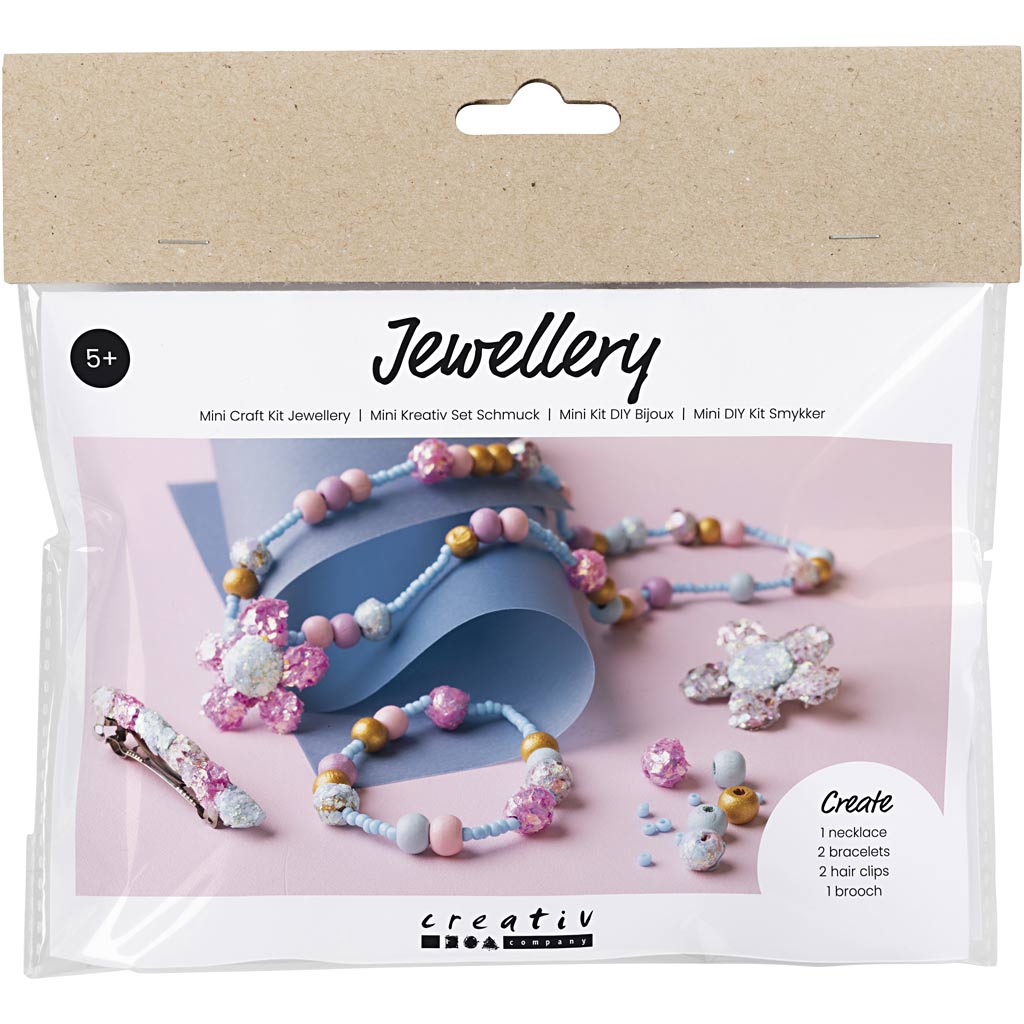 Creativ company mini hobbyset sieraden, halsketting, armband, clips, broche, blauw, lichtblauw, pastel roze, 1 doos