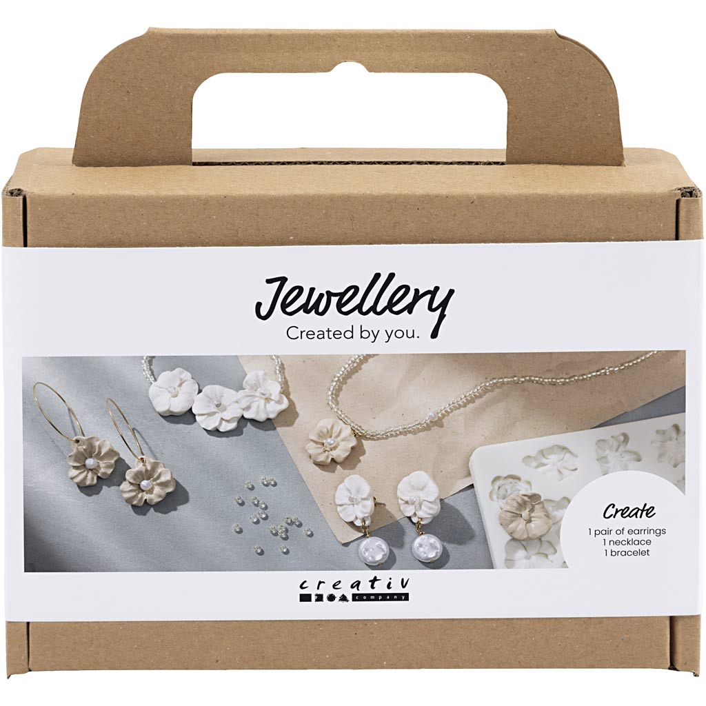 Creativ company mini hobbyset sieraden, oorbellen, armband en halsketting met bloemontwerp, beige, licht beige, beige, 1 doos