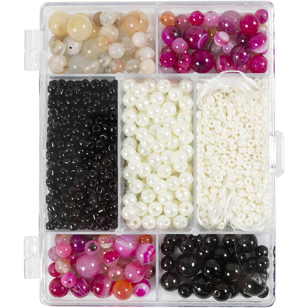 Creativ company creatieve box sieraden, agaten, afm 2,6-10 mm, gatgrootte 0,8-1,8 mm, ca. 2740 stuk, beige, zwart, roze, wit parelmoer, 1 doos
