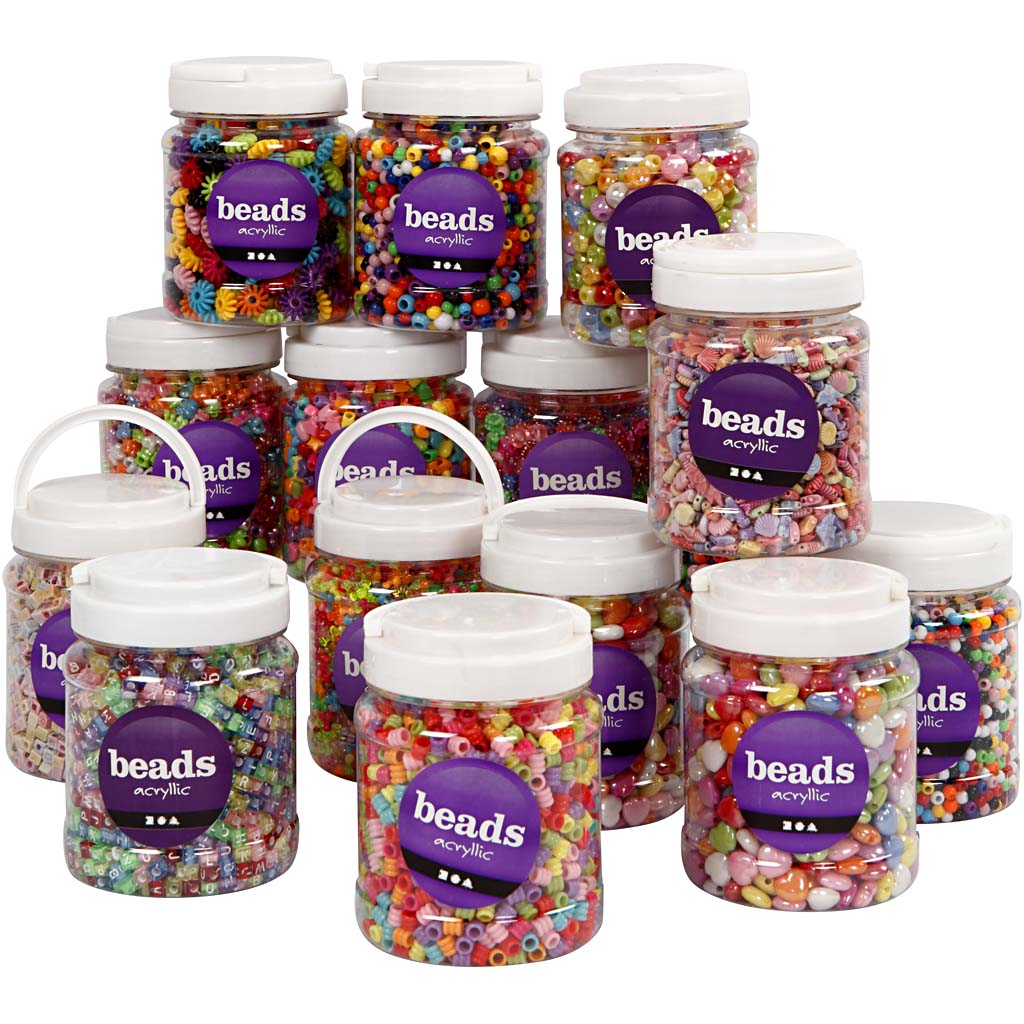 Creativ company plastic beads, size 6-15 mm, hole size 1.5-6 mm, various colors, 16x700 ml 1 box