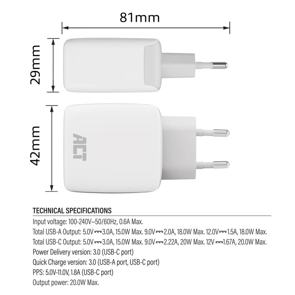 Act Connectivity USB-C USB-A nabíječka 20W s doručením PPP, Quin