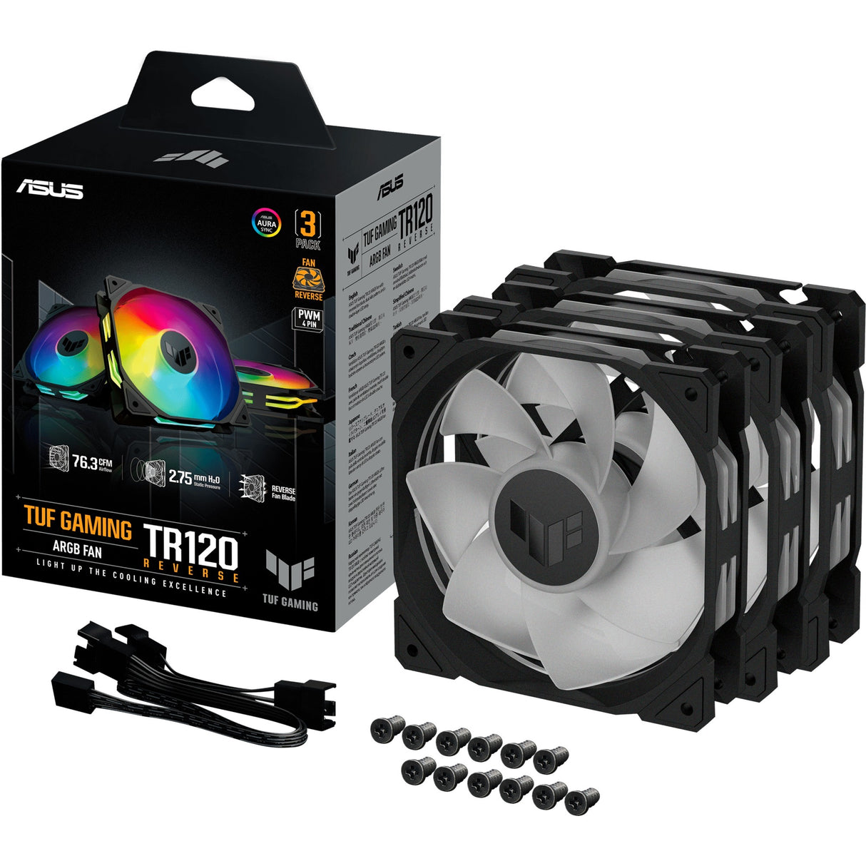 ASUS TUF Gaming TR120 Argb Reverse Fan Pack, 3 piezas