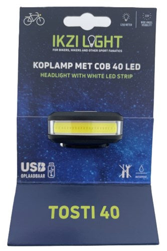 Ikzilight koplamp tosti 40 met cob 40 led usb oplaadbaar op kaart