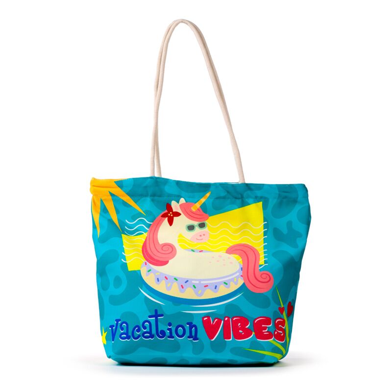 Holiday Vibes unicorn canvas beach bag