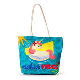 Holiday Vibes unicorn canvas beach bag